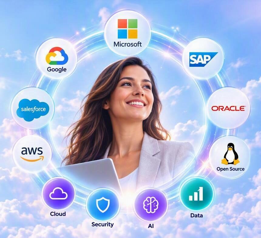 Smiling professional with a laptop, surrounded by the technologies EMGC works with: Microsoft, Google, SAP, Oracle, Salesforce, AWS and open source