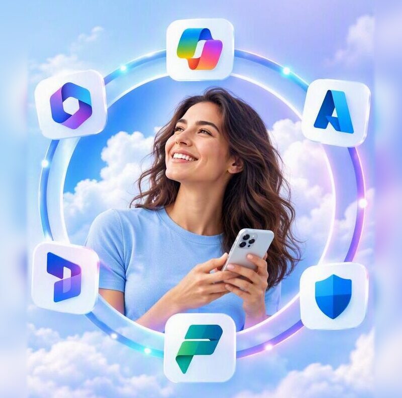 Professional with a phone surrounded by Copilot, Microsoft 365, Azure, Dynamics 365, Power Platform and Microsoft Security icons